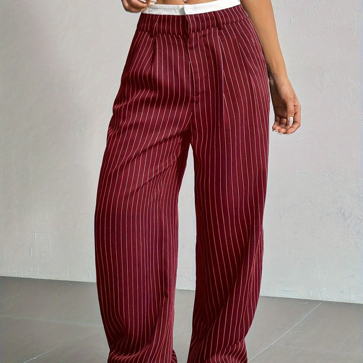 Pinstripe Wide-Leg Pants | High Waist Contrast Waistband Trousers(MS244) - Image 4