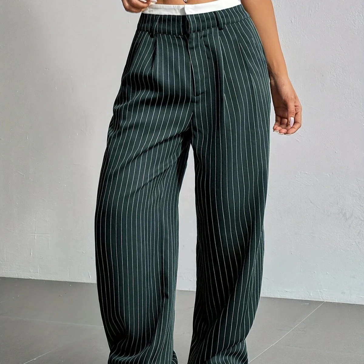 Pinstripe Wide-Leg Pants | High Waist Contrast Waistband Trousers(MS244) - Image 5