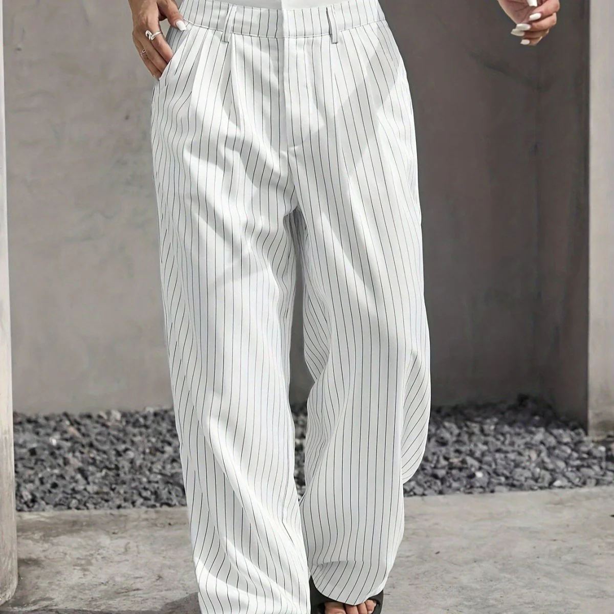 Pinstripe Wide-Leg Pants | High Waist Contrast Waistband Trousers(MS244) - Image 6