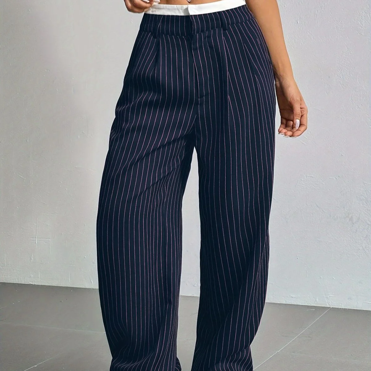Pinstripe Wide-Leg Pants | High Waist Contrast Waistband Trousers(MS244) - Image 7