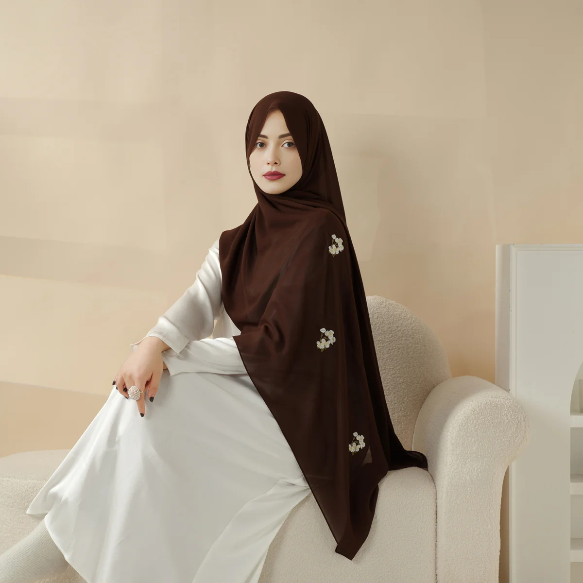 Plain Chiffon Shawl Hijab With Embroidery, Extra-Fine Embroidered Hijab (MH077) - Image 10