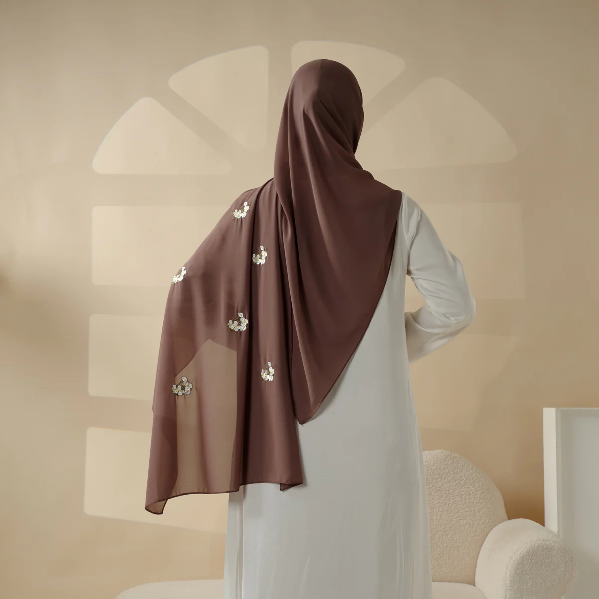 Plain Chiffon Shawl Hijab With Embroidery, Extra-Fine Embroidered Hijab (MH077) - Image 3