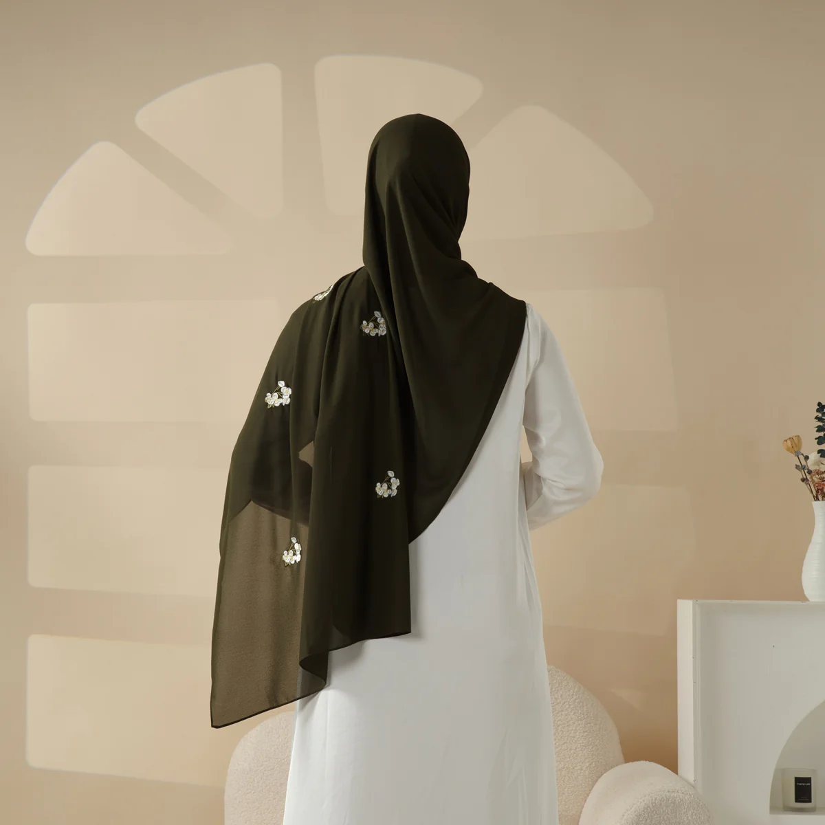 Plain Chiffon Shawl Hijab With Embroidery, Extra-Fine Embroidered Hijab (MH077) - Image 4