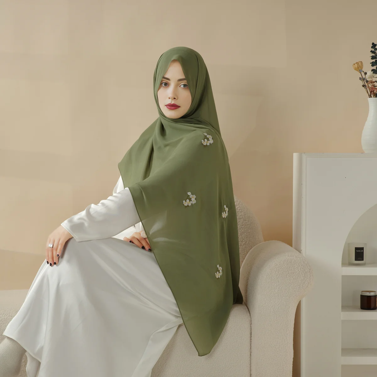 Plain Chiffon Shawl Hijab With Embroidery, Extra-Fine Embroidered Hijab (MH077) - Image 5