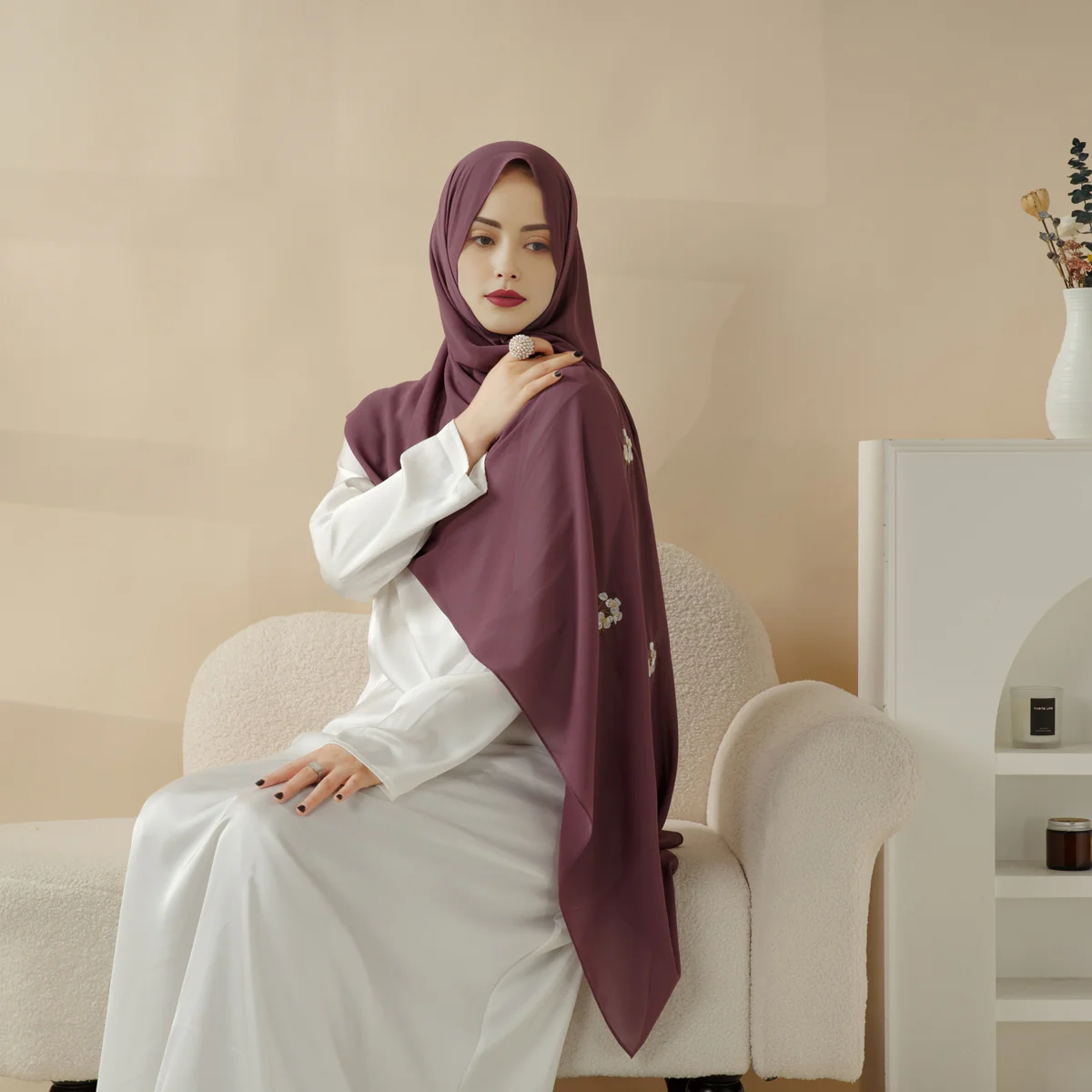 Plain Chiffon Shawl Hijab With Embroidery, Extra-Fine Embroidered Hijab (MH077) - Image 6