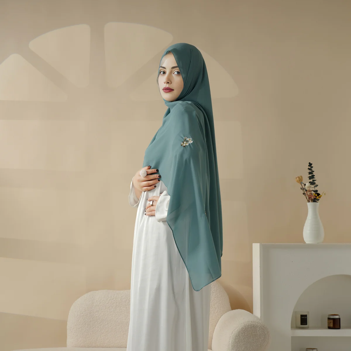 Plain Chiffon Shawl Hijab With Embroidery, Extra-Fine Embroidered Hijab (MH077) - Image 8