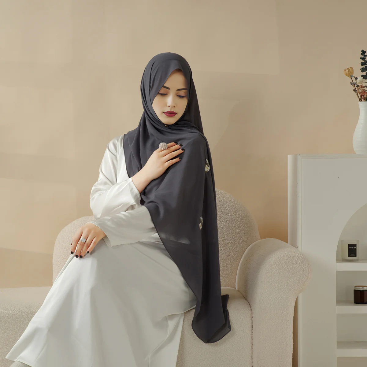 Plain Chiffon Shawl Hijab With Embroidery, Extra-Fine Embroidered Hijab (MH077) - Image 9