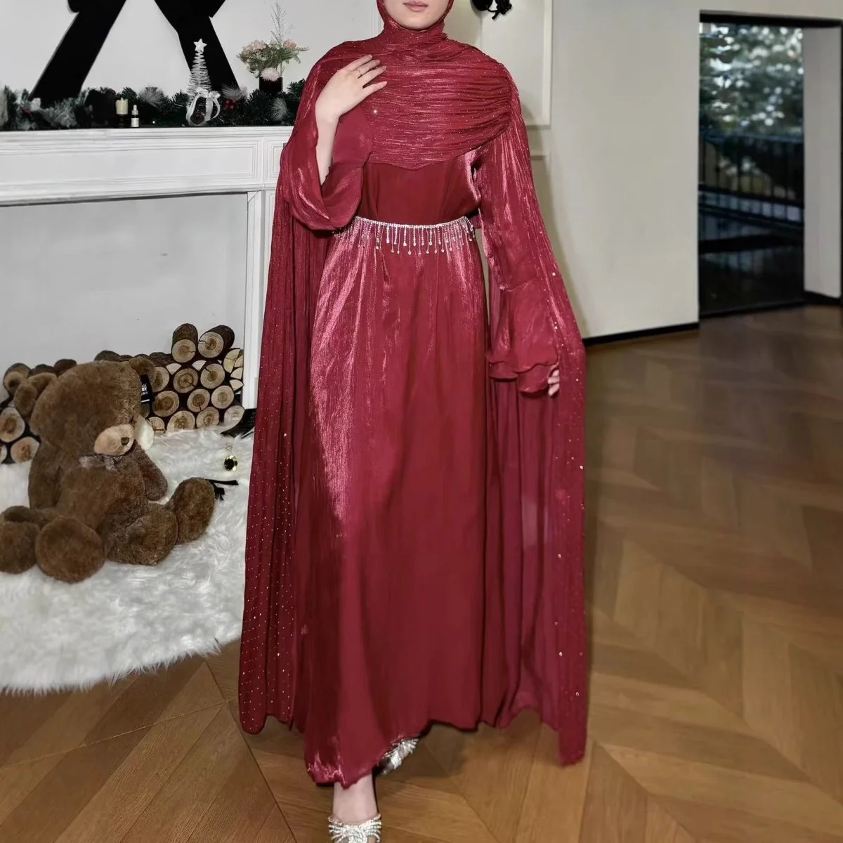 Pleated Cape Sleeve Abaya Maxi Dress(MA430) - Image 13