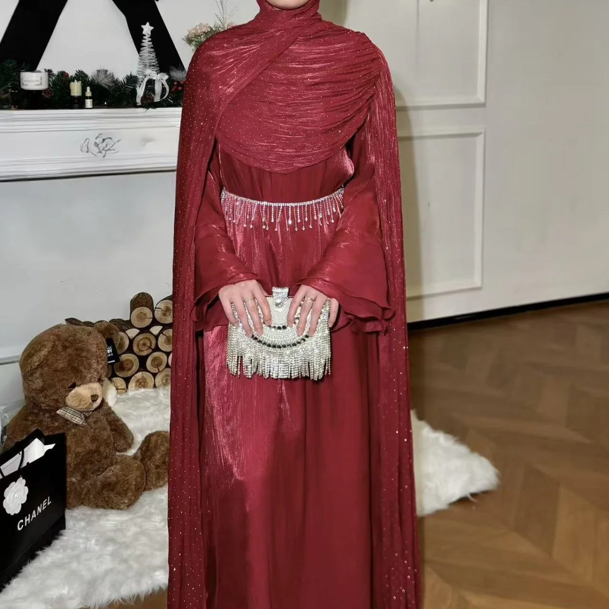 Pleated Cape Sleeve Abaya Maxi Dress(MA430) - Image 14