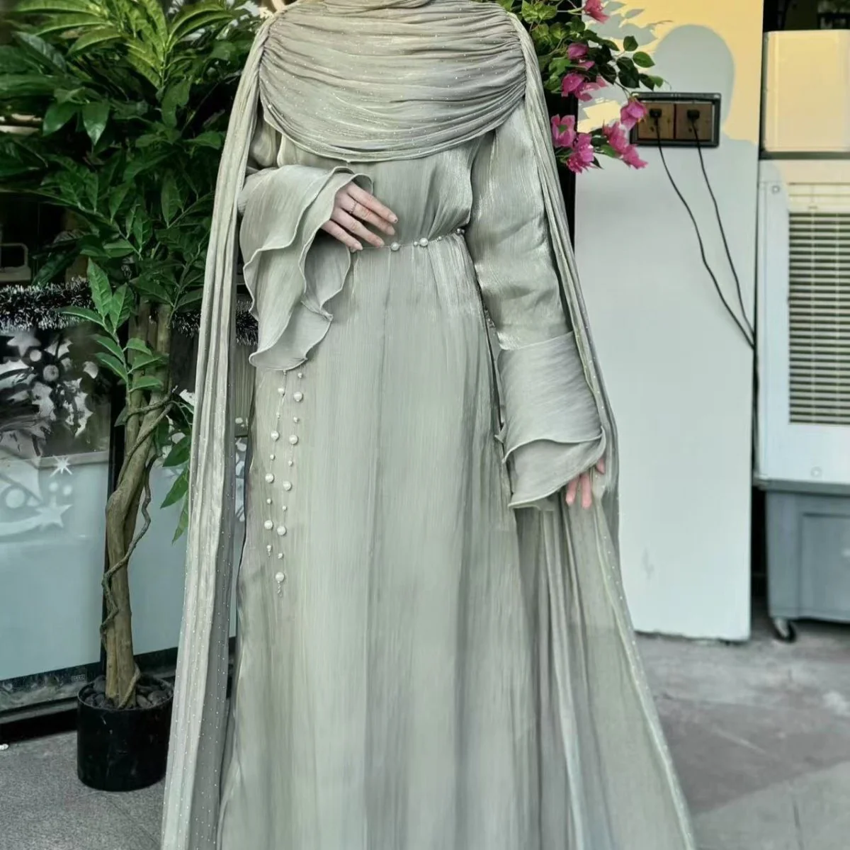 Pleated Cape Sleeve Abaya Maxi Dress(MA430) - Image 17