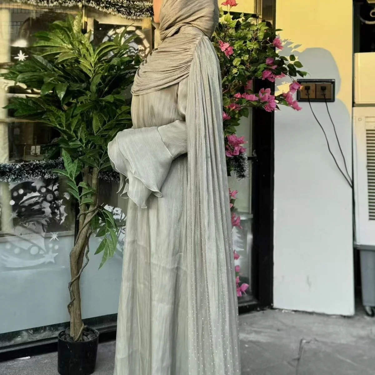 Pleated Cape Sleeve Abaya Maxi Dress(MA430) - Image 19