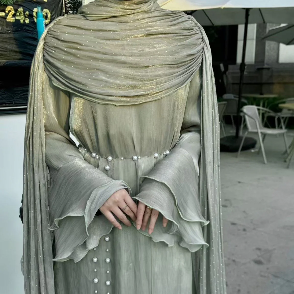 Pleated Cape Sleeve Abaya Maxi Dress(MA430) - Image 20