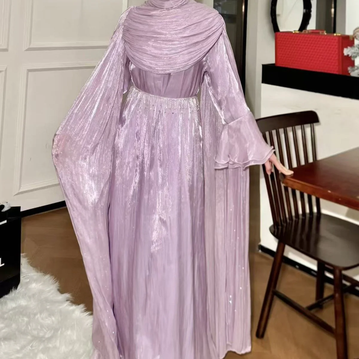 Pleated Cape Sleeve Abaya Maxi Dress(MA430) - Image 27
