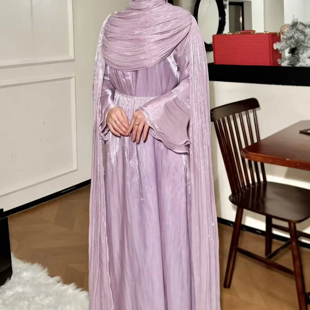 Pleated Cape Sleeve Abaya Maxi Dress(MA430) - Image 28