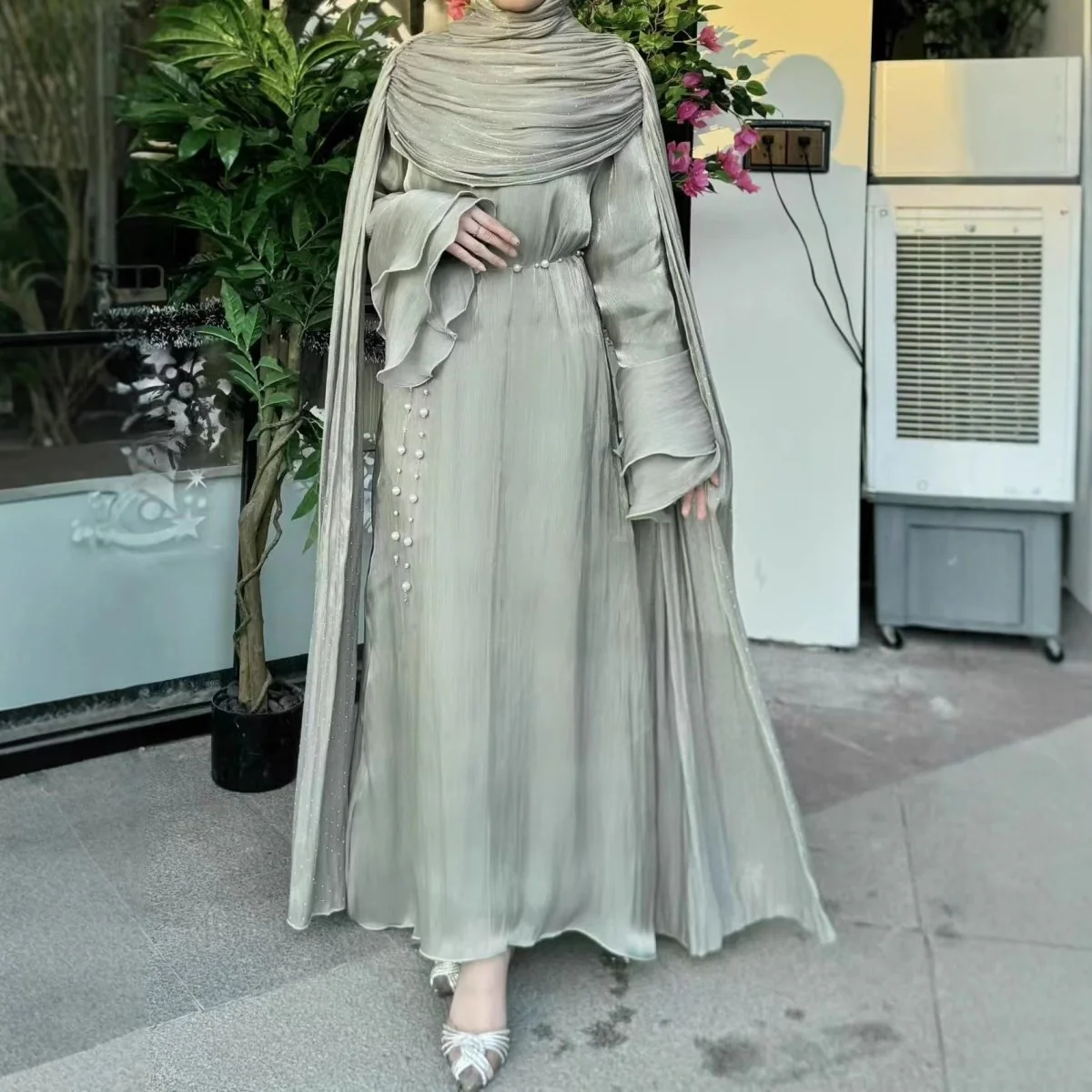 Pleated Cape Sleeve Abaya Maxi Dress(MA430) - Image 3