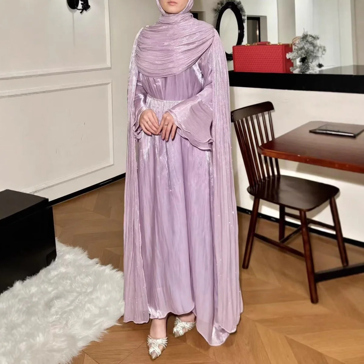 Pleated Cape Sleeve Abaya Maxi Dress(MA430) - Image 4