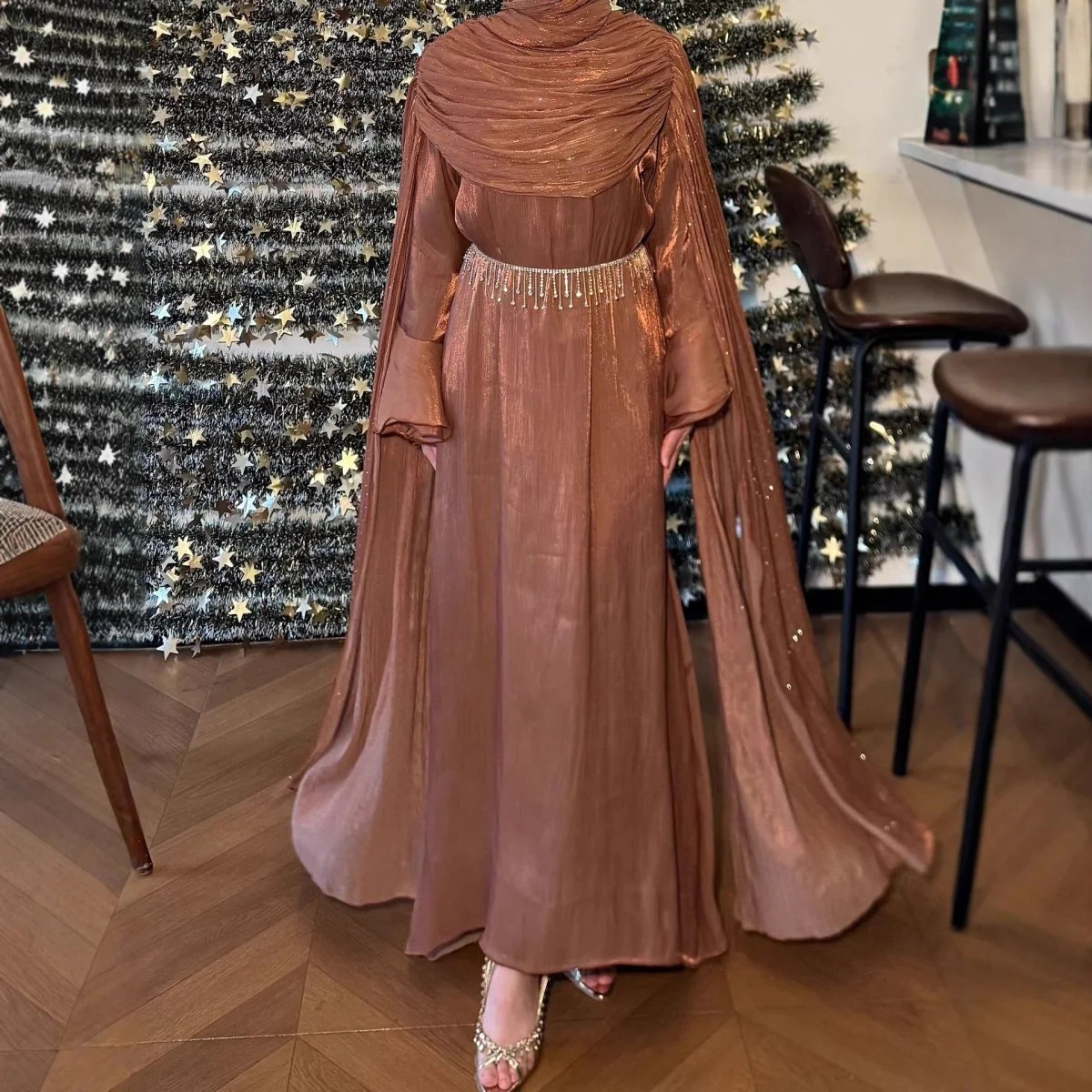 Pleated Cape Sleeve Abaya Maxi Dress(MA430) - Image 5