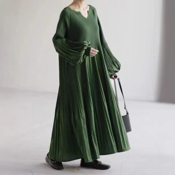 Pleated Knit Maxi Dress | Bubble Sleeve Mixed Media Sweater Dress(MS228) - Image 2