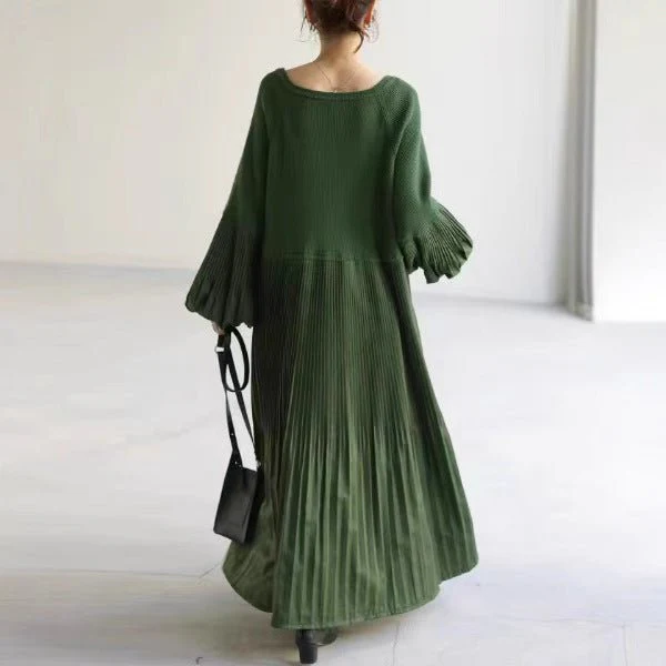 Pleated Knit Maxi Dress | Bubble Sleeve Mixed Media Sweater Dress(MS228) - Image 3
