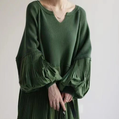 Pleated Knit Maxi Dress | Bubble Sleeve Mixed Media Sweater Dress(MS228) - Image 4