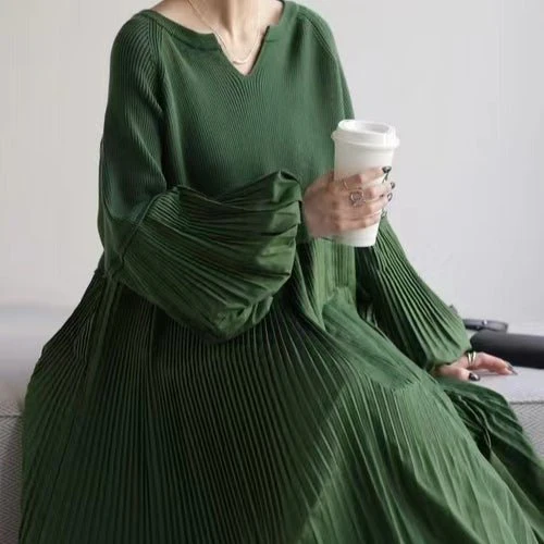 Pleated Knit Maxi Dress | Bubble Sleeve Mixed Media Sweater Dress(MS228) - Image 5