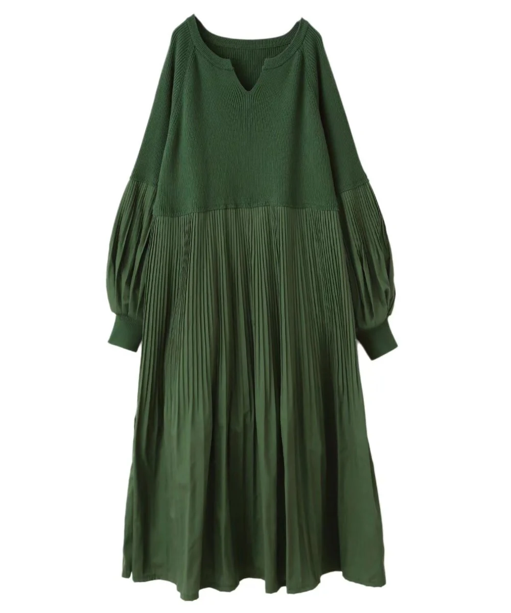 Pleated Knit Maxi Dress | Bubble Sleeve Mixed Media Sweater Dress(MS228) - Image 6