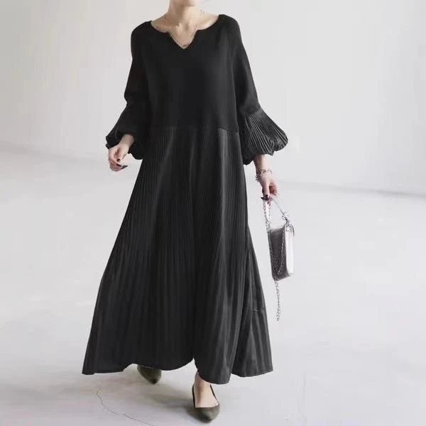 Pleated Knit Maxi Dress | Bubble Sleeve Mixed Media Sweater Dress(MS228) - Image 7