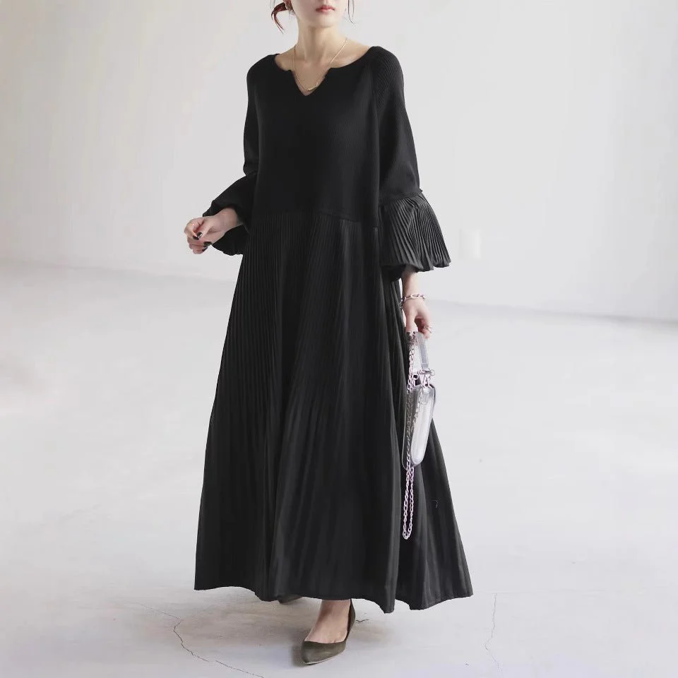 Pleated Knit Maxi Dress | Bubble Sleeve Mixed Media Sweater Dress(MS228) - Image 8