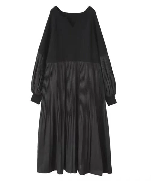 Pleated Knit Maxi Dress | Bubble Sleeve Mixed Media Sweater Dress(MS228) - Image 9