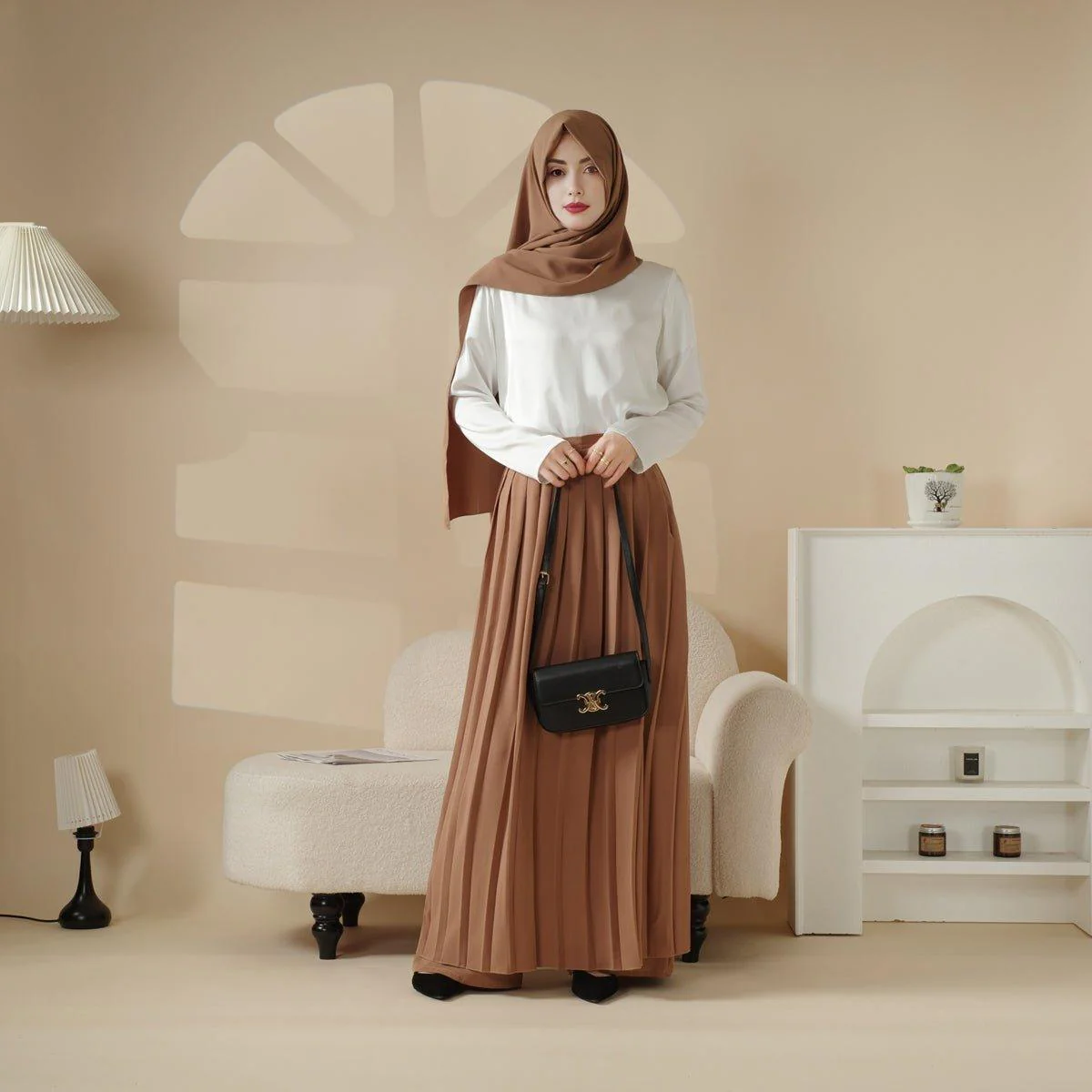 Pleated Overskirt, Wide-Cut Pants & Matching Hijab Set (MS025) - Image 10