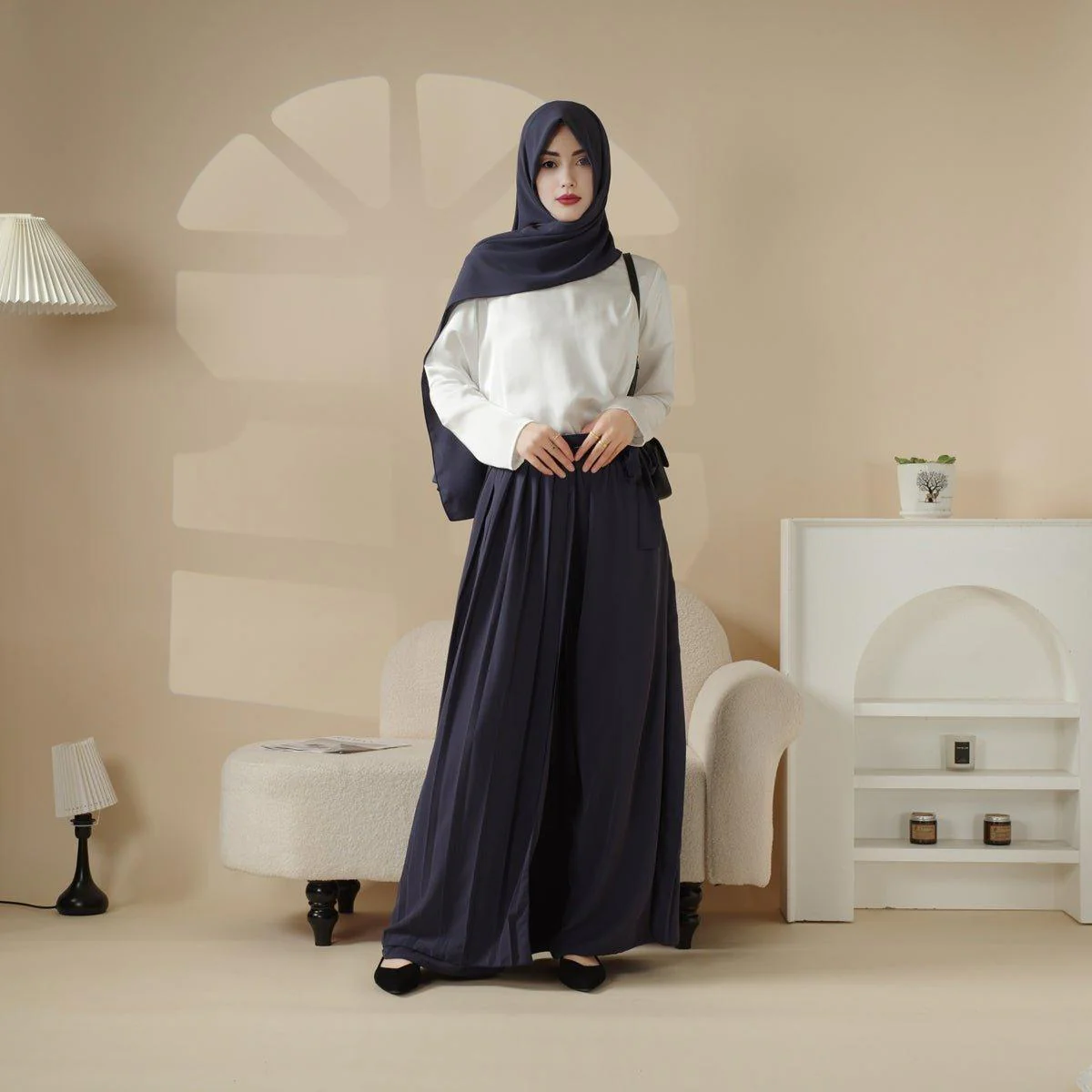 Pleated Overskirt, Wide-Cut Pants & Matching Hijab Set (MS025) - Image 13