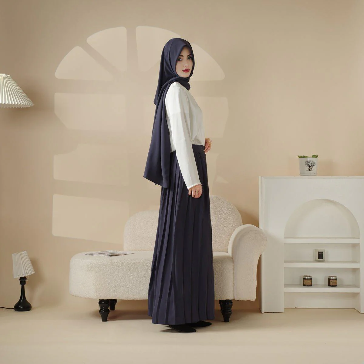 Pleated Overskirt, Wide-Cut Pants & Matching Hijab Set (MS025) - Image 14