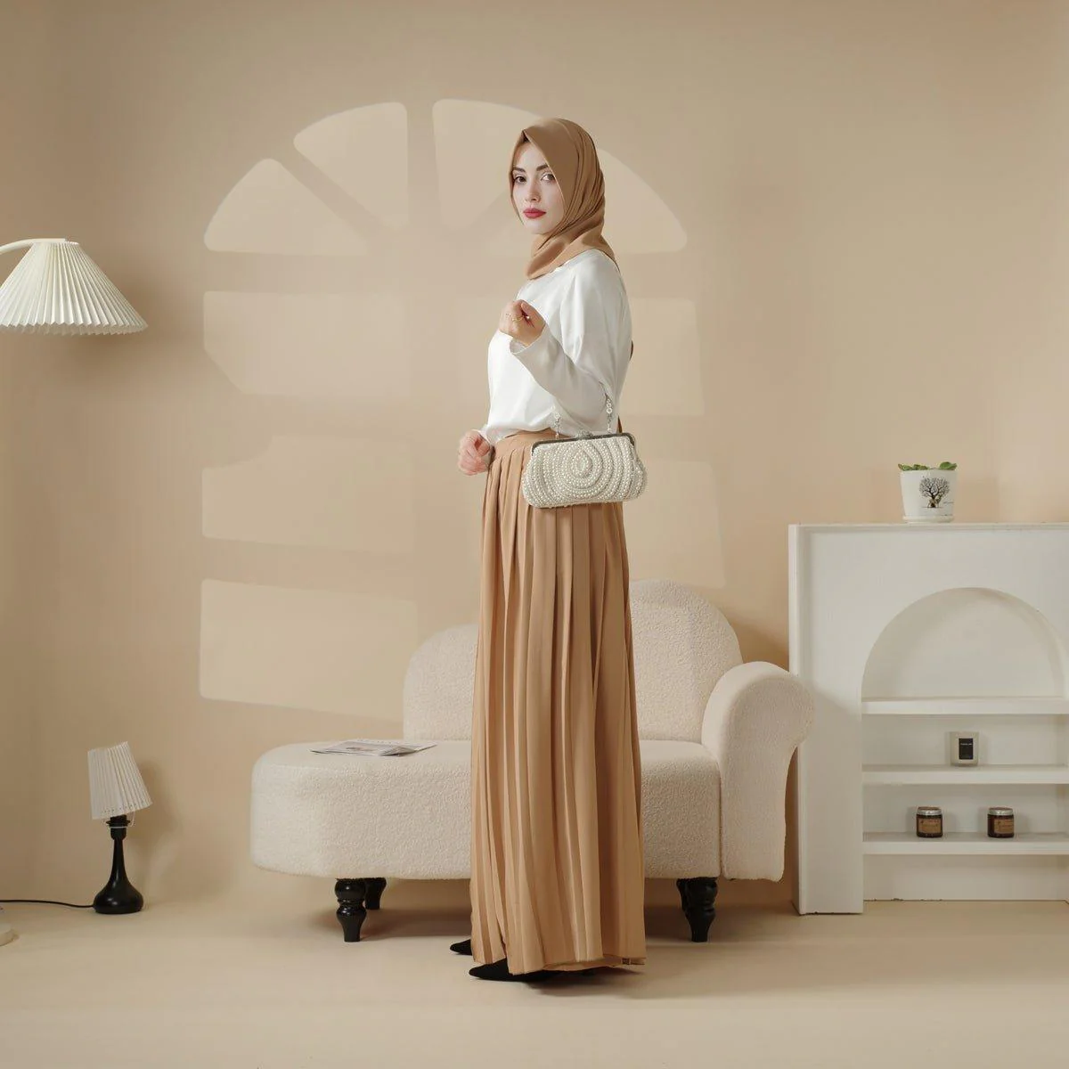 Pleated Overskirt, Wide-Cut Pants & Matching Hijab Set (MS025) - Image 3
