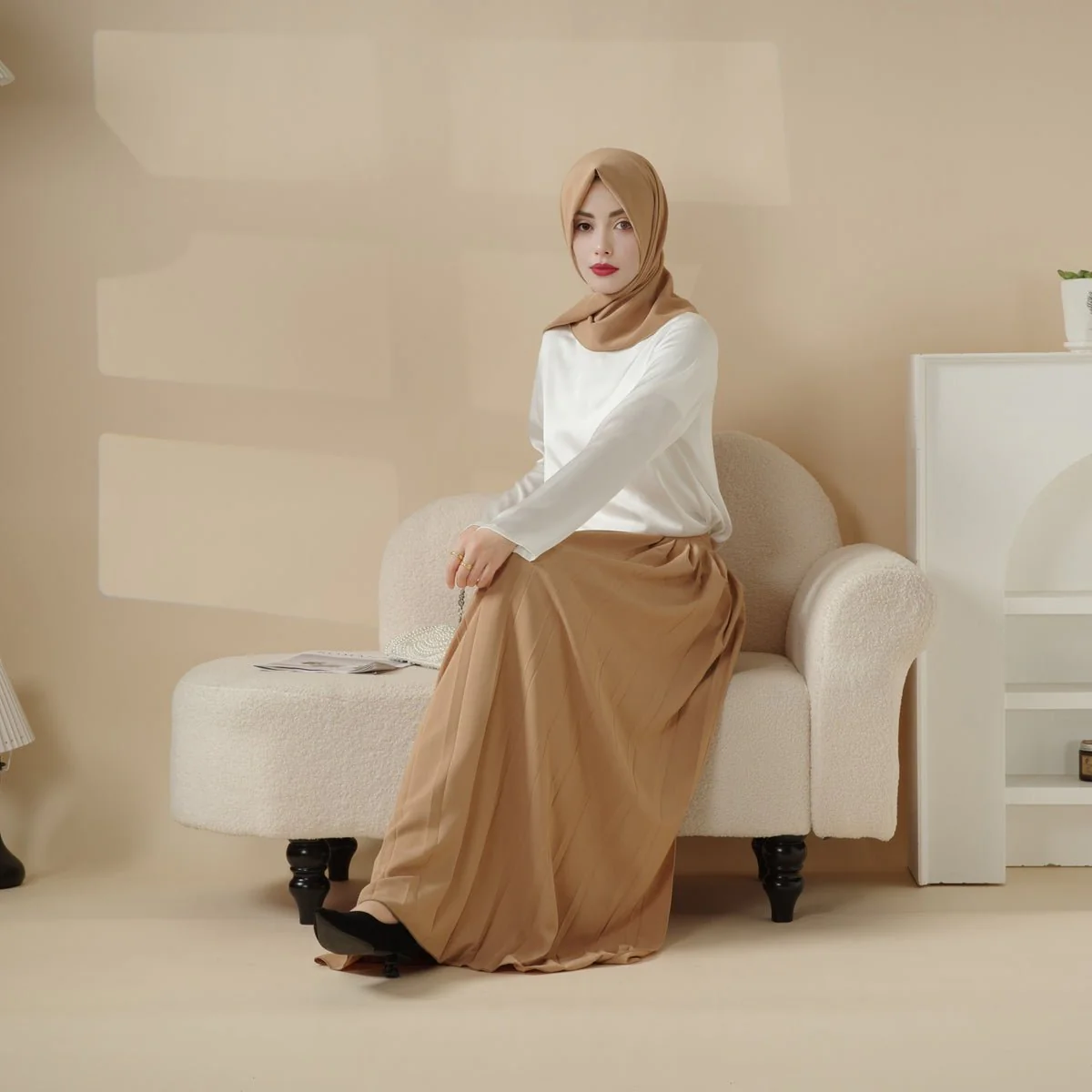 Pleated Overskirt, Wide-Cut Pants & Matching Hijab Set (MS025) - Image 5