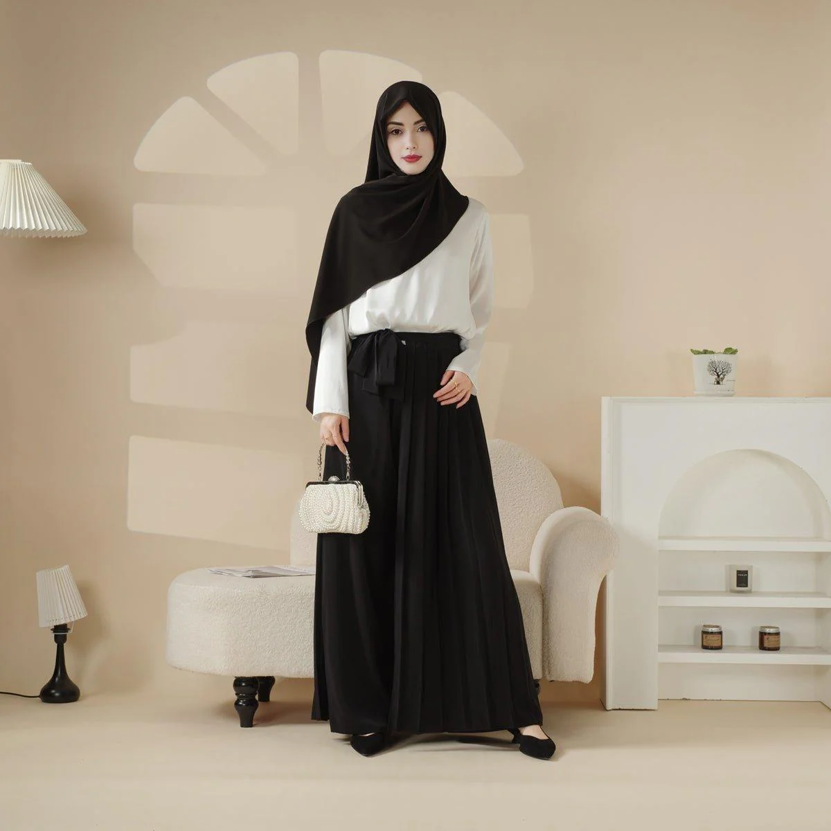Pleated Overskirt, Wide-Cut Pants & Matching Hijab Set (MS025) - Image 7