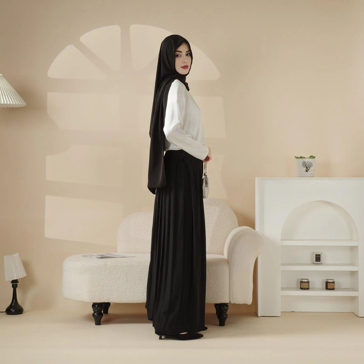 Pleated Overskirt, Wide-Cut Pants & Matching Hijab Set (MS025) - Image 8