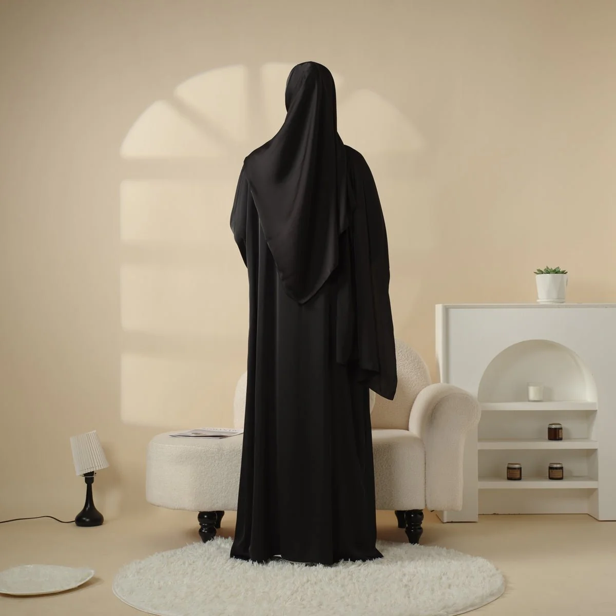 Poet Sleeve Satin Open Abaya With Matching Belt and Hijab (MOA009) - Image 11