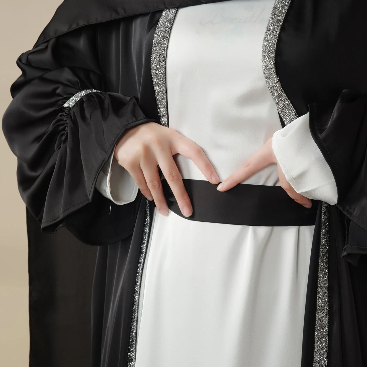 Poet Sleeve Satin Open Abaya With Matching Belt and Hijab (MOA009) - Image 13