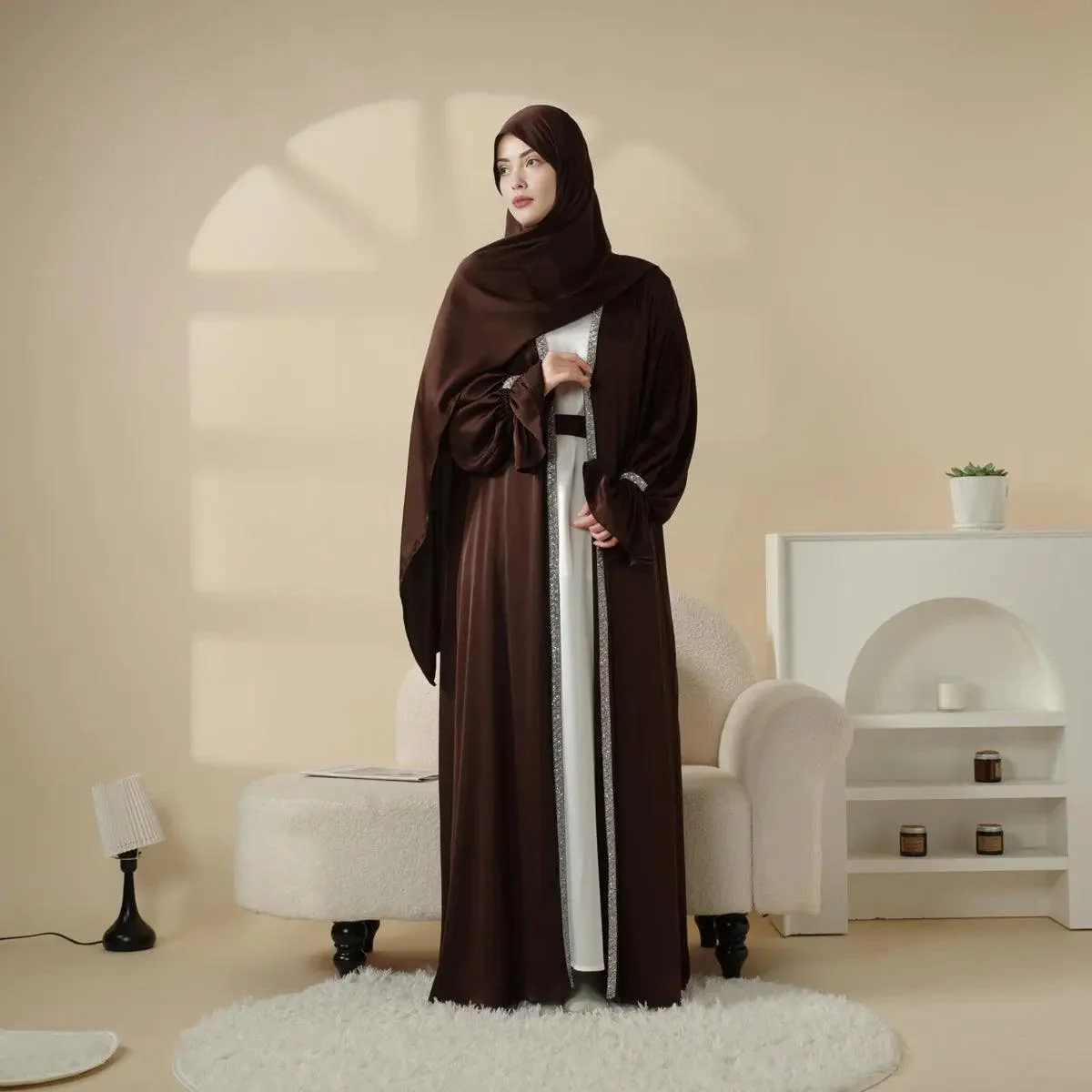 Poet Sleeve Satin Open Abaya With Matching Belt and Hijab (MOA009) - Image 14