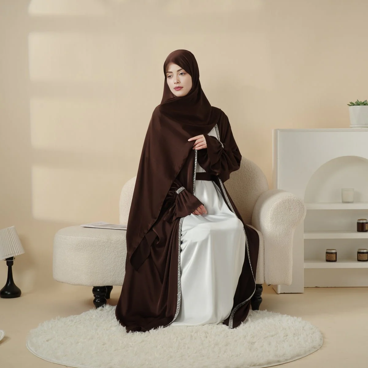 Poet Sleeve Satin Open Abaya With Matching Belt and Hijab (MOA009) - Image 15