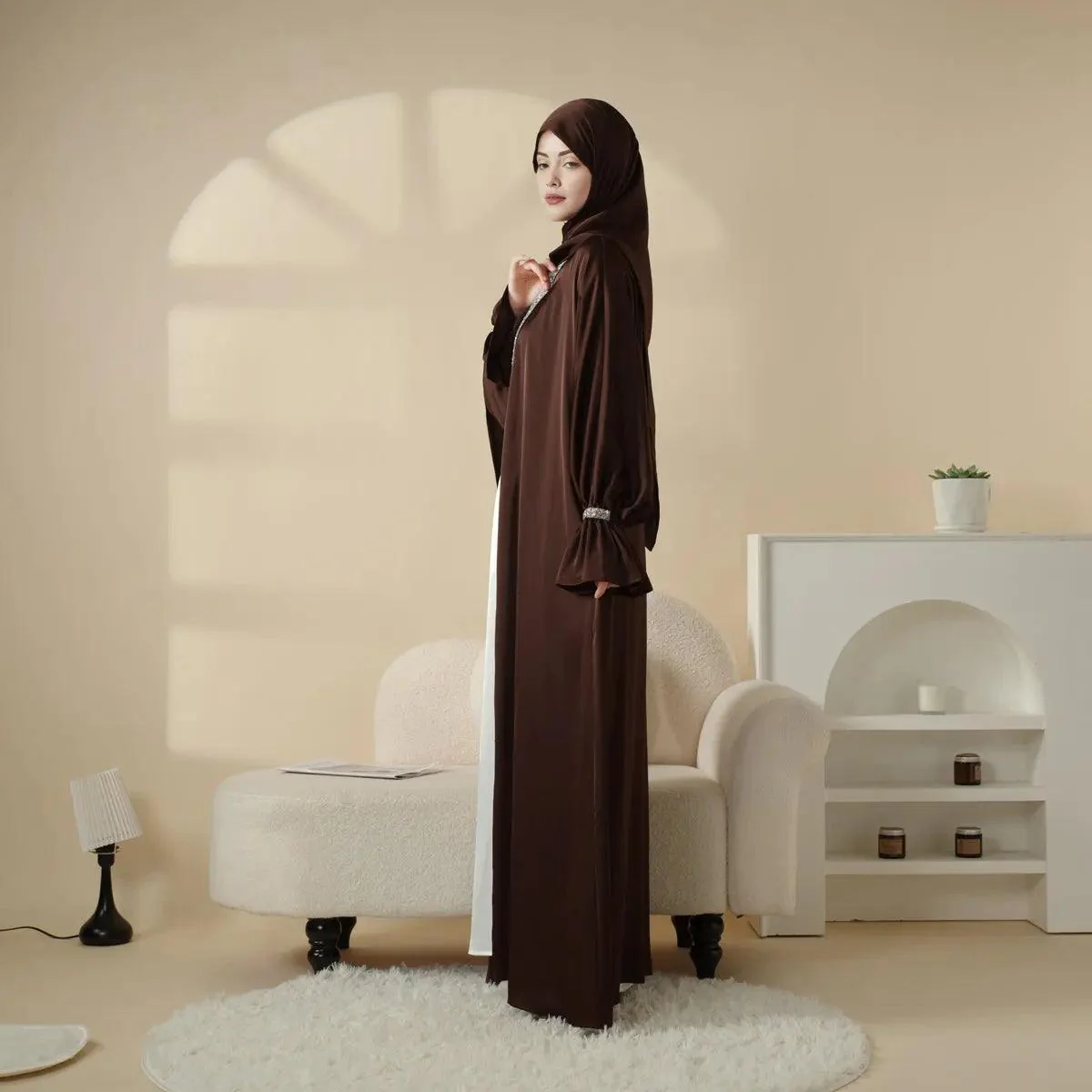 Poet Sleeve Satin Open Abaya With Matching Belt and Hijab (MOA009) - Image 16
