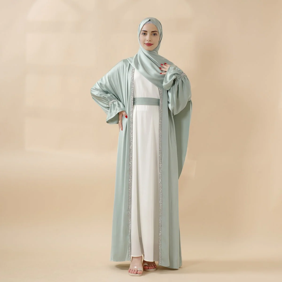Poet Sleeve Satin Open Abaya With Matching Belt and Hijab (MOA009) - Image 3