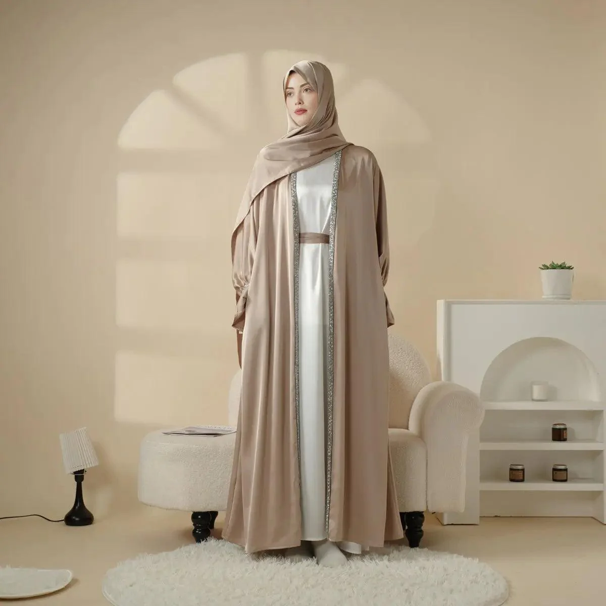 Poet Sleeve Satin Open Abaya With Matching Belt and Hijab (MOA009) - Image 4