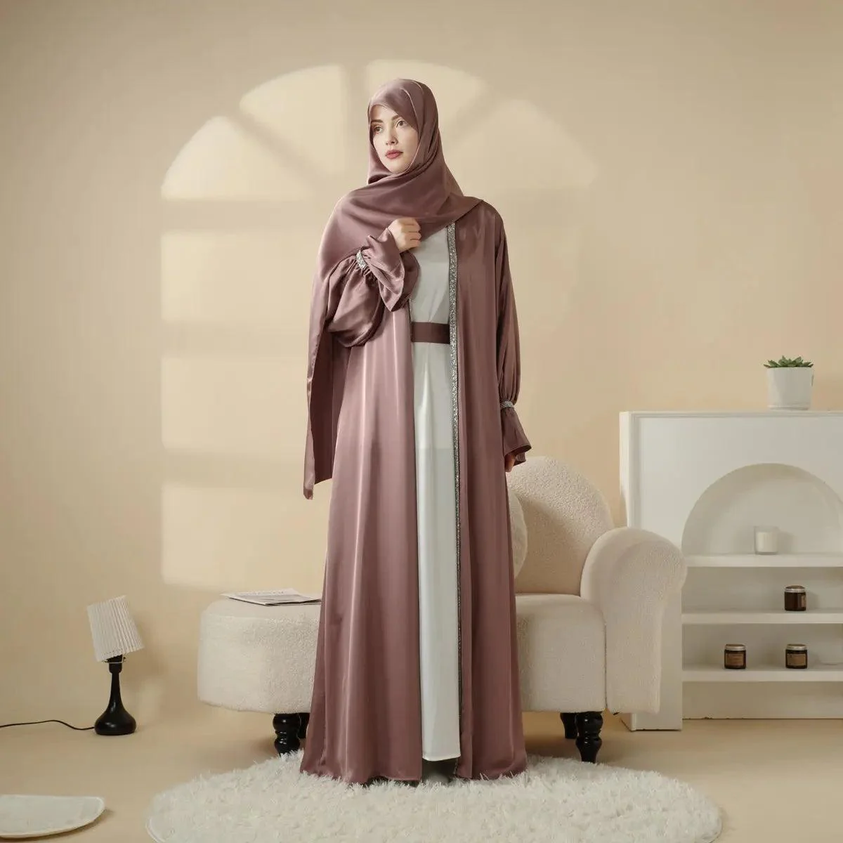 Poet Sleeve Satin Open Abaya With Matching Belt and Hijab (MOA009) - Image 6