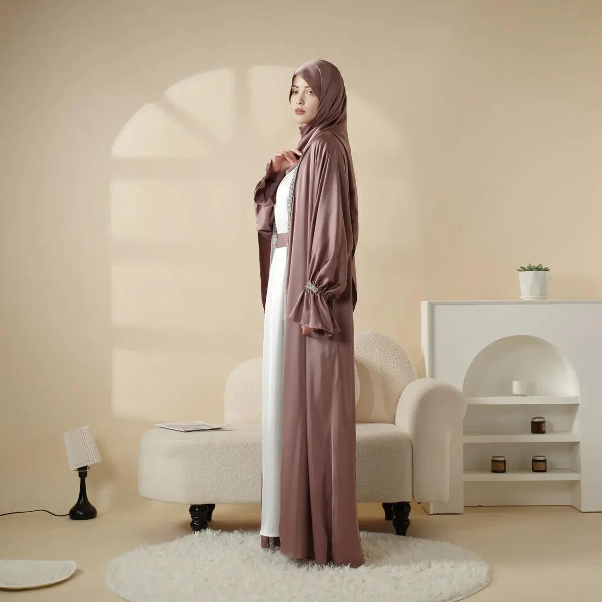 Poet Sleeve Satin Open Abaya With Matching Belt and Hijab (MOA009) - Image 7