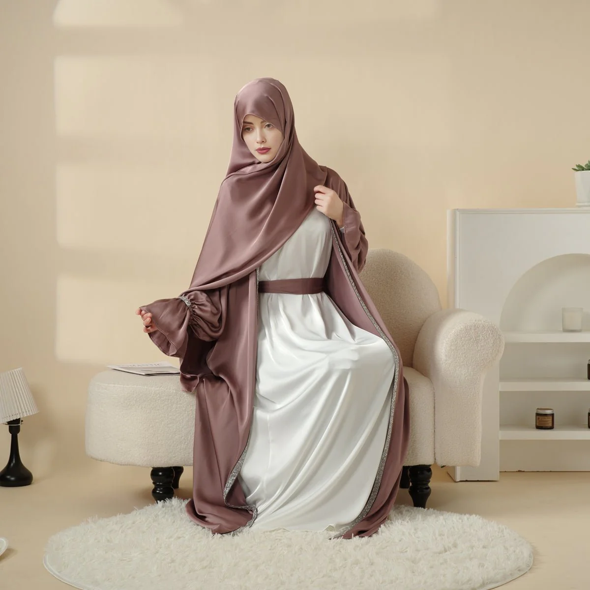 Poet Sleeve Satin Open Abaya With Matching Belt and Hijab (MOA009) - Image 8