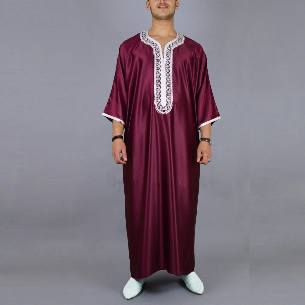 Premium Embroidered Men's Thobe Luxury Loose Fit V-Neck Muslim Robe with Handcrafted White Embroidery (MT025) - Image 3