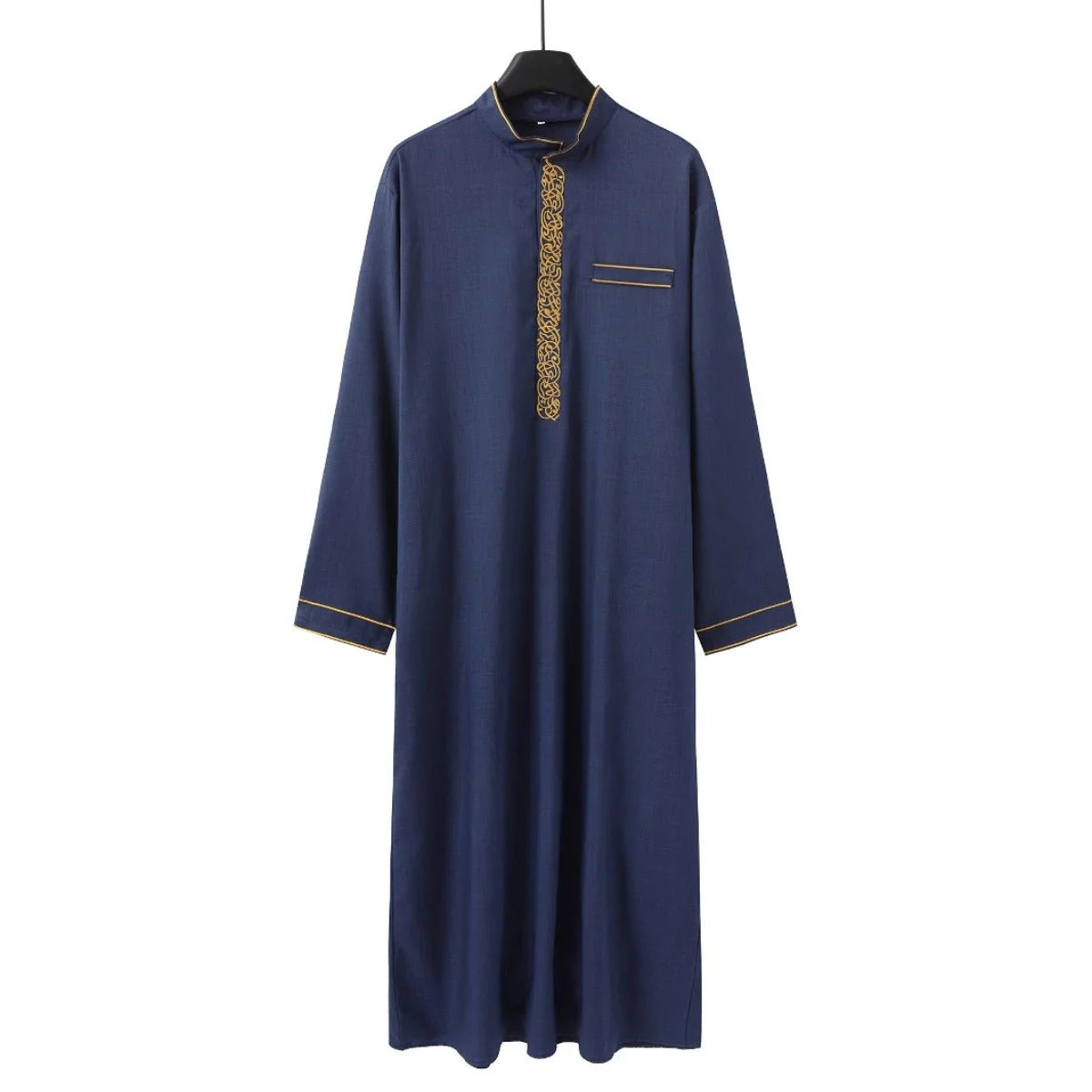 Premium Embroidered Stand Collar Thobe Navy & White Loose Fit Muslim Robe with Gold Stitching - Modest Casual Wear (MT034) - Image 3