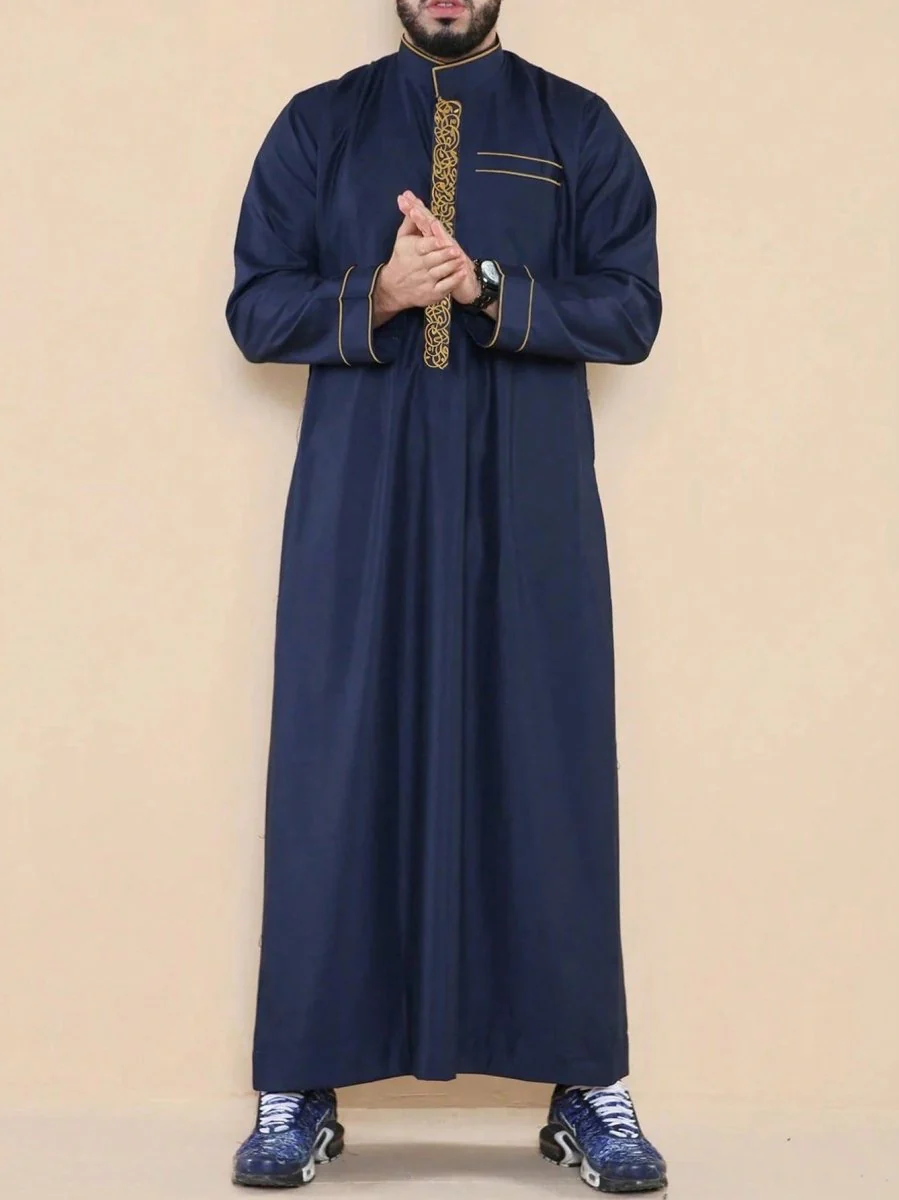 Premium Embroidered Stand Collar Thobe Navy & White Loose Fit Muslim Robe with Gold Stitching - Modest Casual Wear (MT034) - Image 6