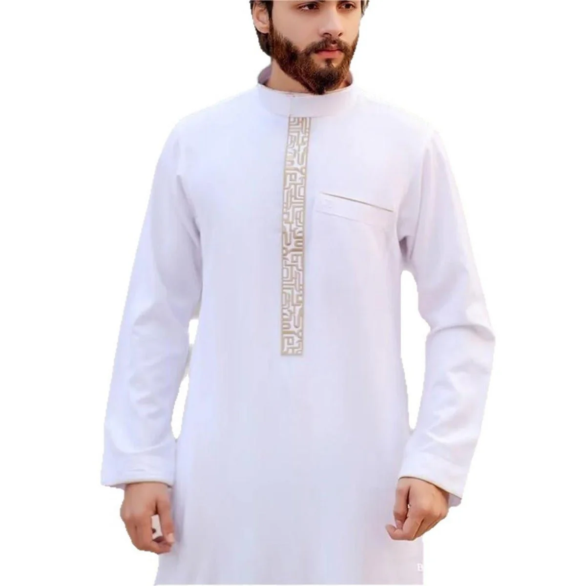 Premium Gold Islamic Geometric Print Men's Thobe Long Robe with Stand Collar & Side Pocket (MT028) - Image 3